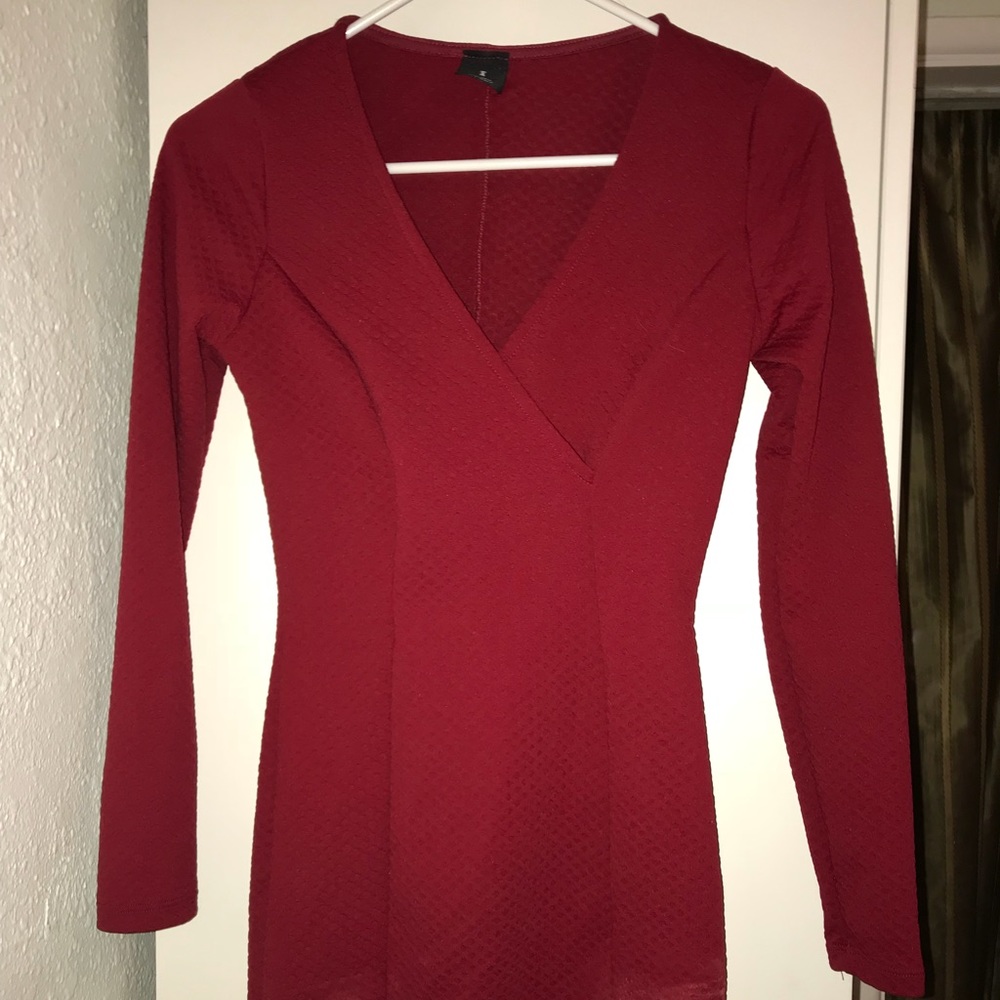 Wine red tight mini long sleeve dress